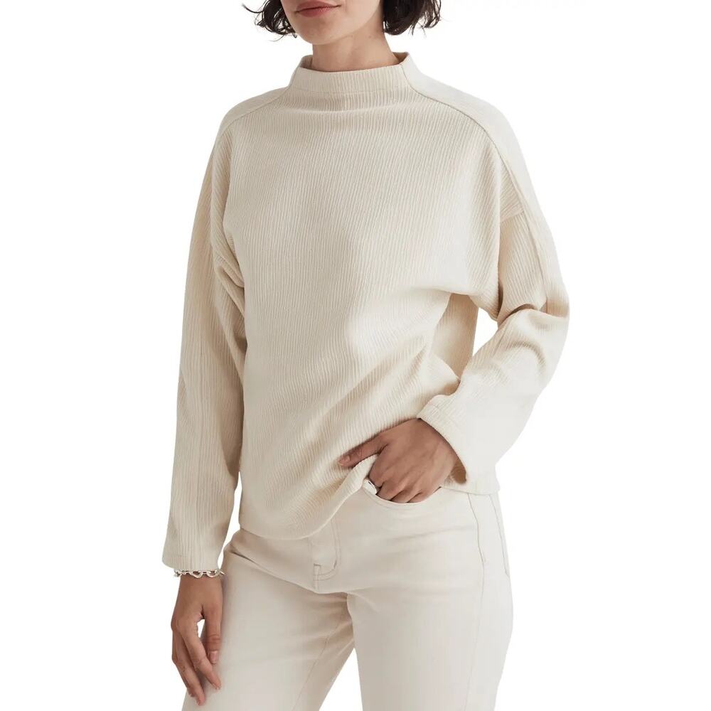 MADEWELL Cream Striped Mock Neck Dolman Sleeve Pullover Sweater Relaxed Fit | XL